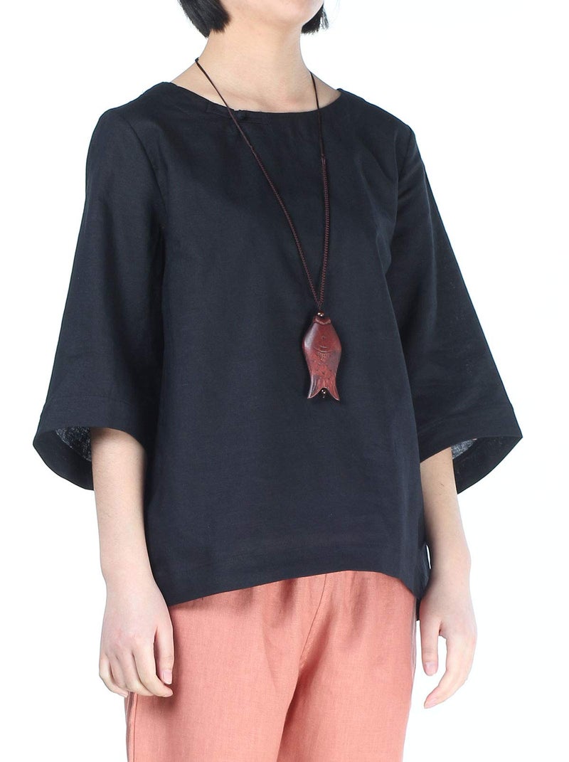 Minibee Women's Linen Blouse Round Neck 3/4 Sleeve Shirt Tops with Chinese Frog Button Black XL - Image 4